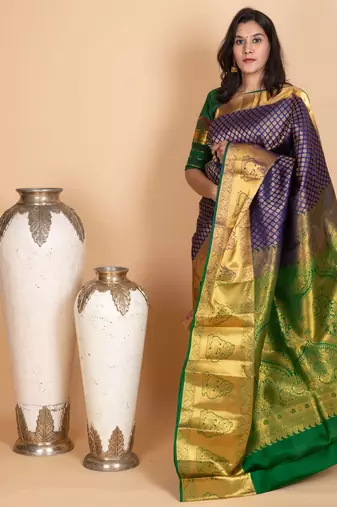 Midnight blue and forest green pure kanjivaram silk saree