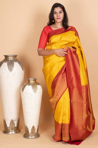 School bus yellow and red silk saree