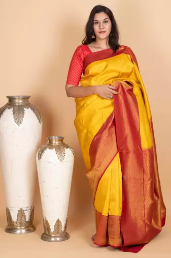 School bus yellow and red silk saree