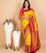 School bus yellow and red silk saree