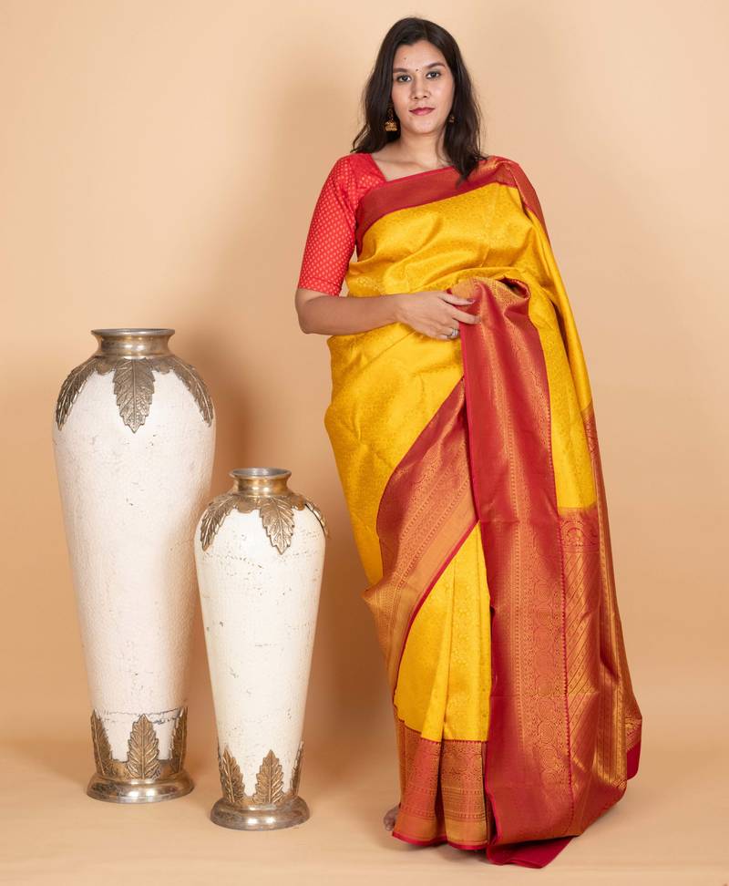 School bus yellow and red silk saree