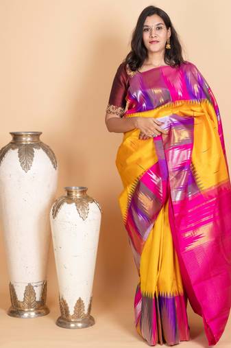 Tuscany yellow multi colour temple border silk saree