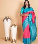Fandango pink and aqua blue pure soft silk saree