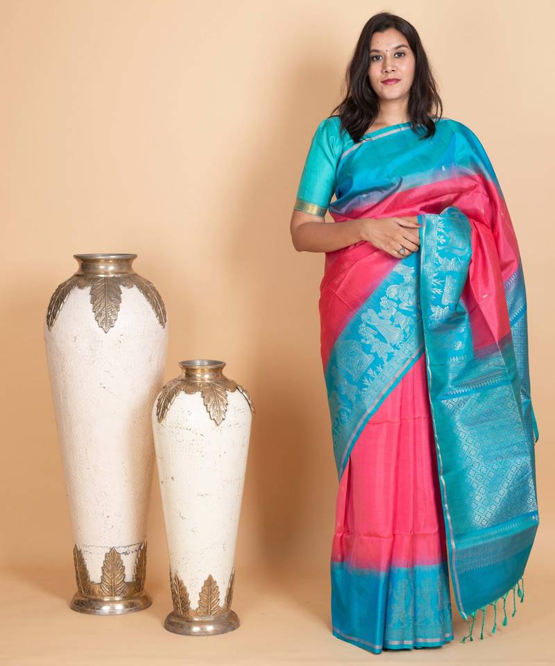 Fandango pink and aqua blue pure soft silk saree