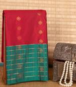 Cherry red and green korvai semi silk saree
