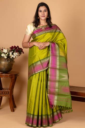 Parrot green and pickle green zero zari kanjivaram silk saree
