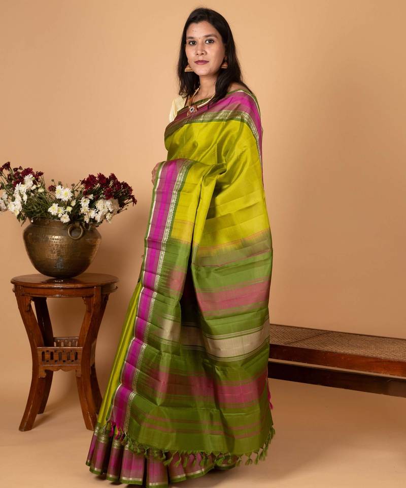 Parrot green and pickle green zero zari kanjivaram silk saree