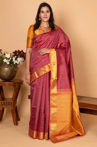 Garnet red checked pure kanjivaram silk saree