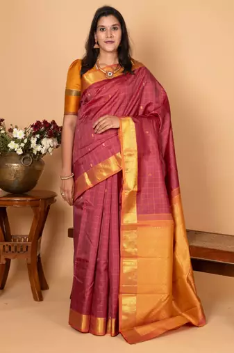 Garnet red checked pure kanjivaram silk saree