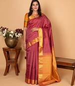 Garnet red checked pure kanjivaram silk saree