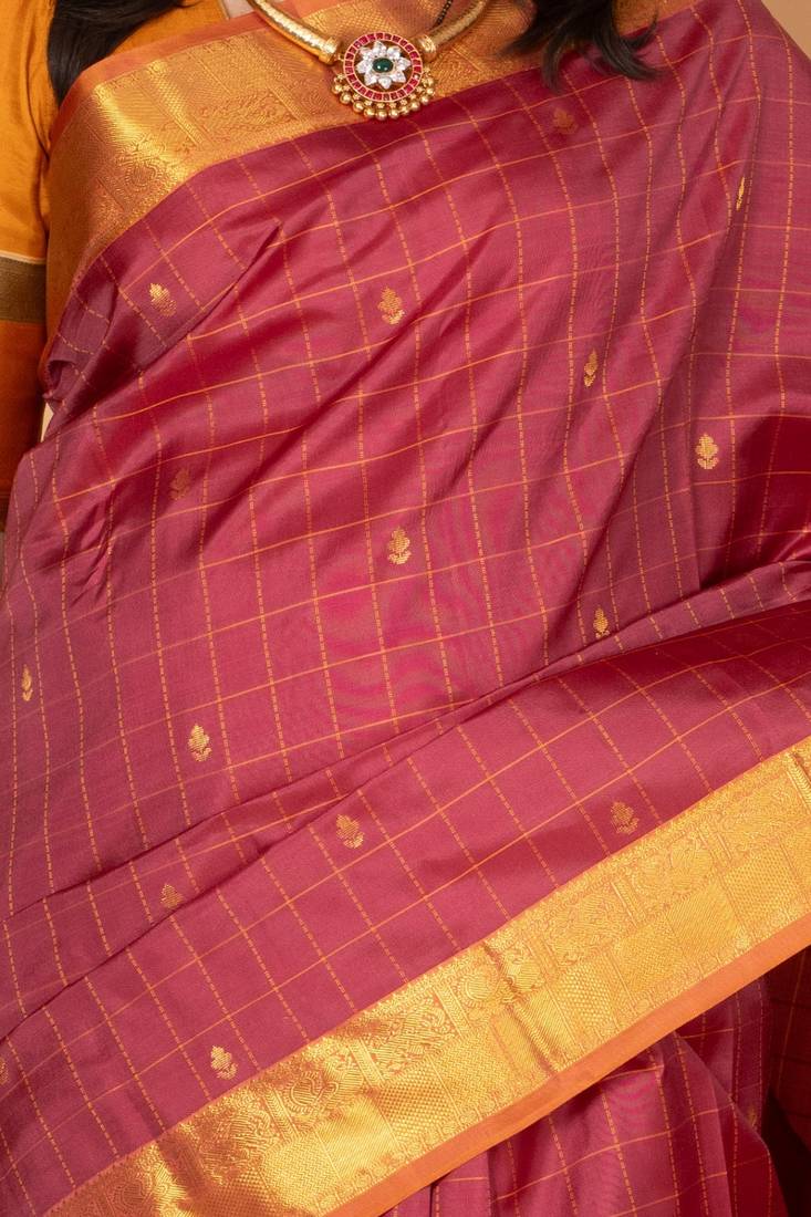 Garnet red checked pure kanjivaram silk saree