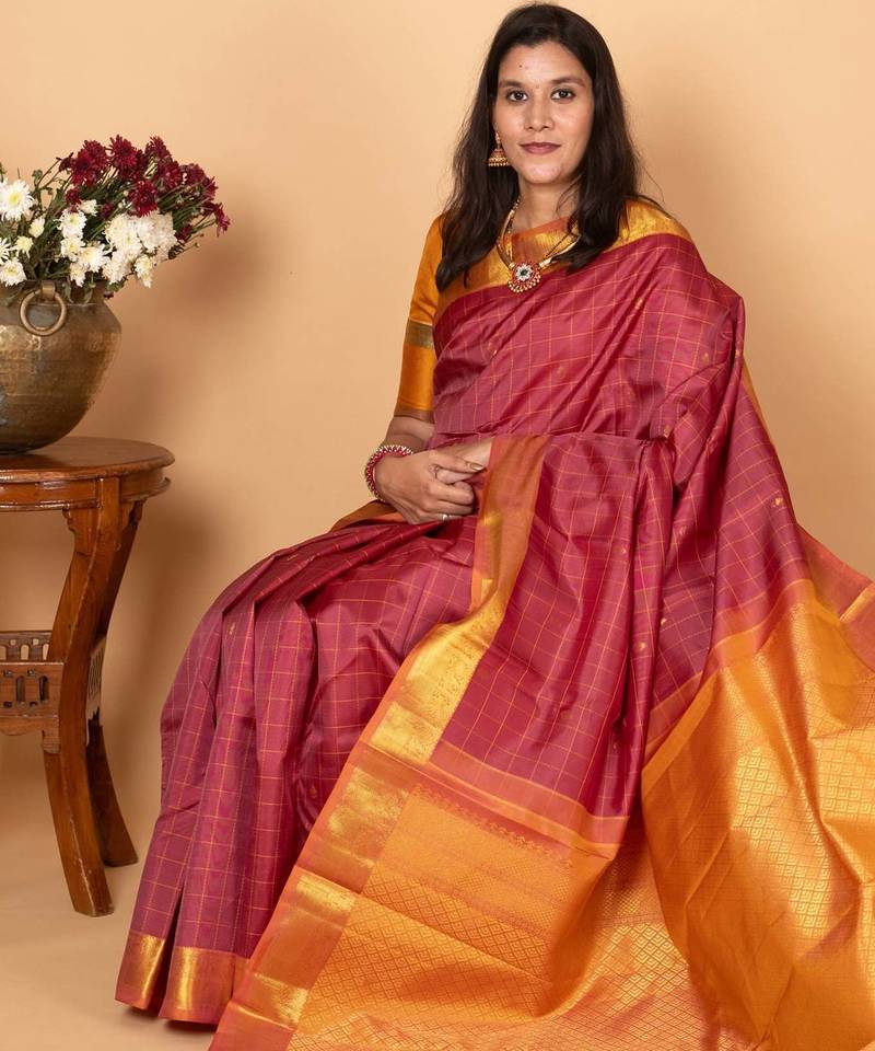 Garnet red checked pure kanjivaram silk saree