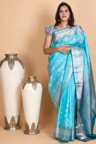 Sky blue and deep sky blue pure kanjivaram silk saree