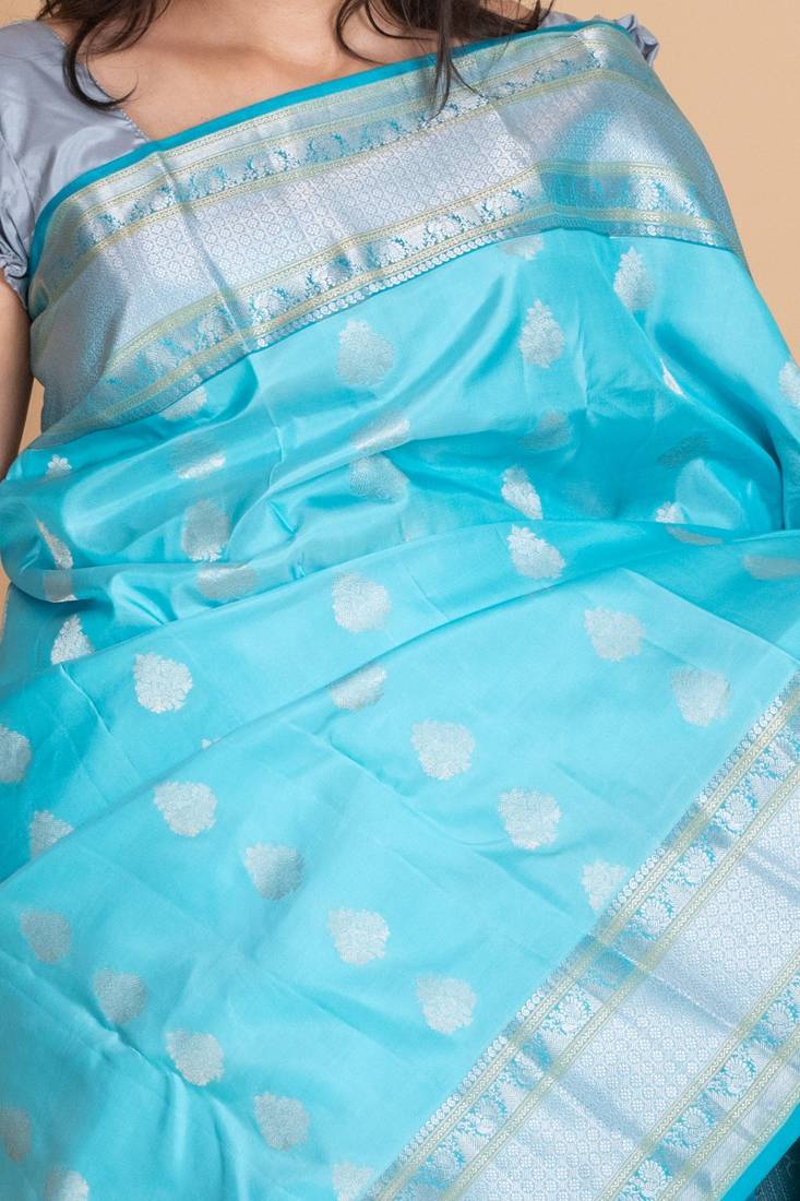 Sky blue and deep sky blue pure kanjivaram silk saree