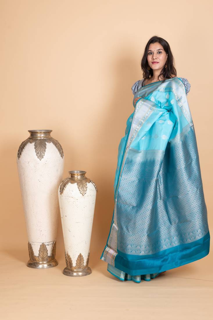 Sky blue and deep sky blue pure kanjivaram silk saree