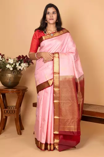 Pink and apple red pure kanjivaram silk saree