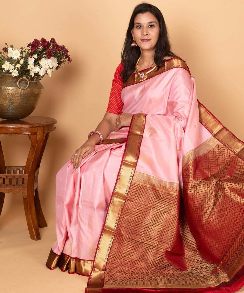 Pink and apple red pure kanjivaram silk saree