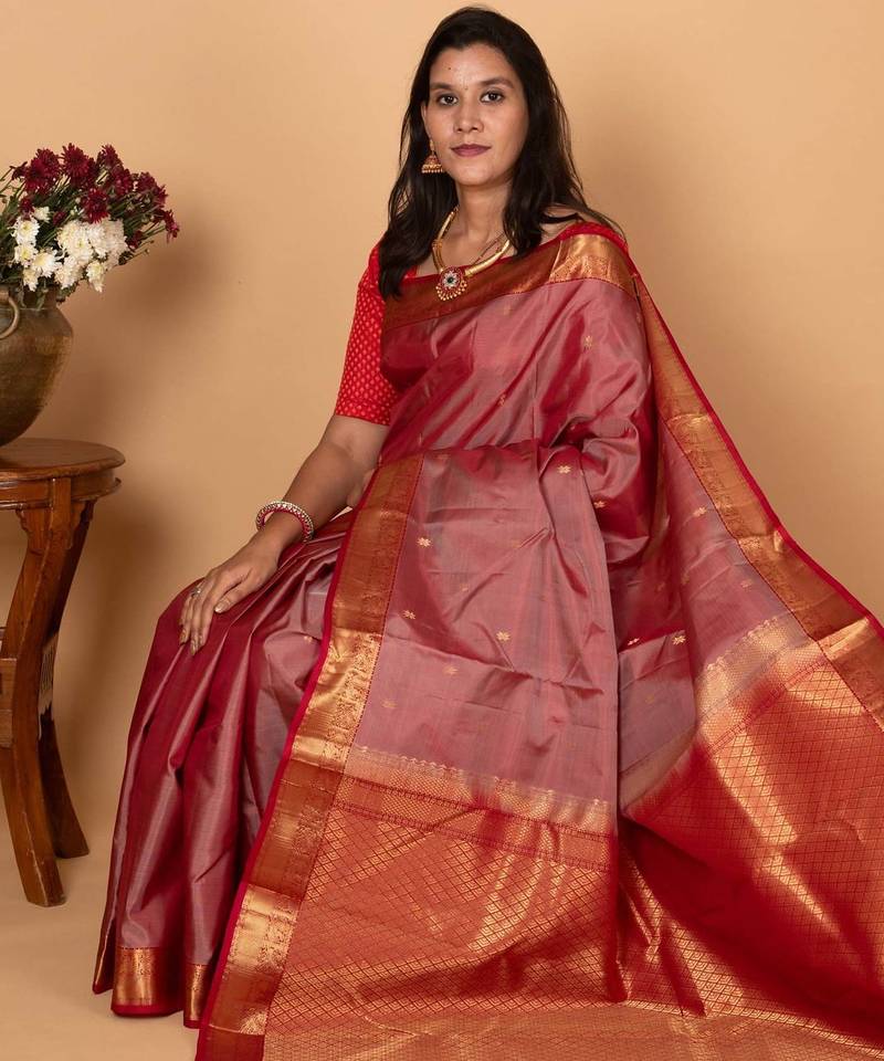 Dual tone red and apple red pure kanjivaram silk saree