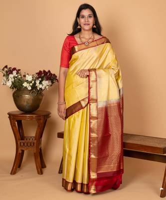 Golden yellow and apple red pure kanjivaram silk saree 1