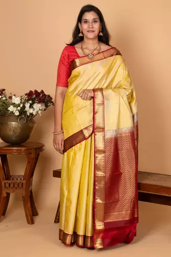 Golden yellow and apple red pure kanjivaram silk saree