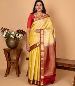 Golden yellow and apple red pure kanjivaram silk saree
