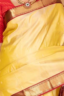 Golden yellow and apple red pure kanjivaram silk saree 2
