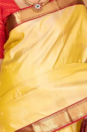 Golden yellow and apple red pure kanjivaram silk saree
