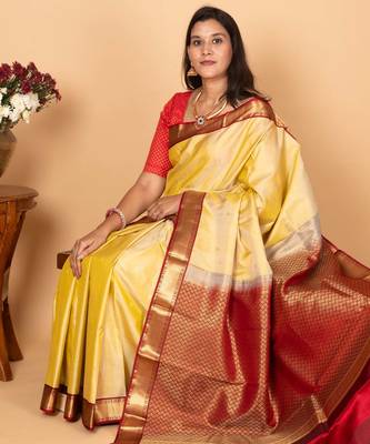 Golden yellow and apple red pure kanjivaram silk saree 3