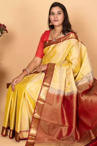 Golden yellow and apple red pure kanjivaram silk saree