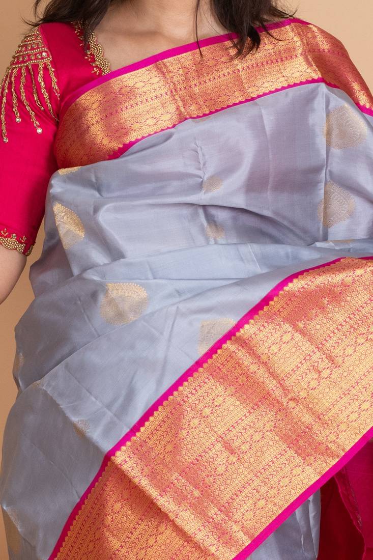 Coin grey and rani pink kanjivaram pattu saree