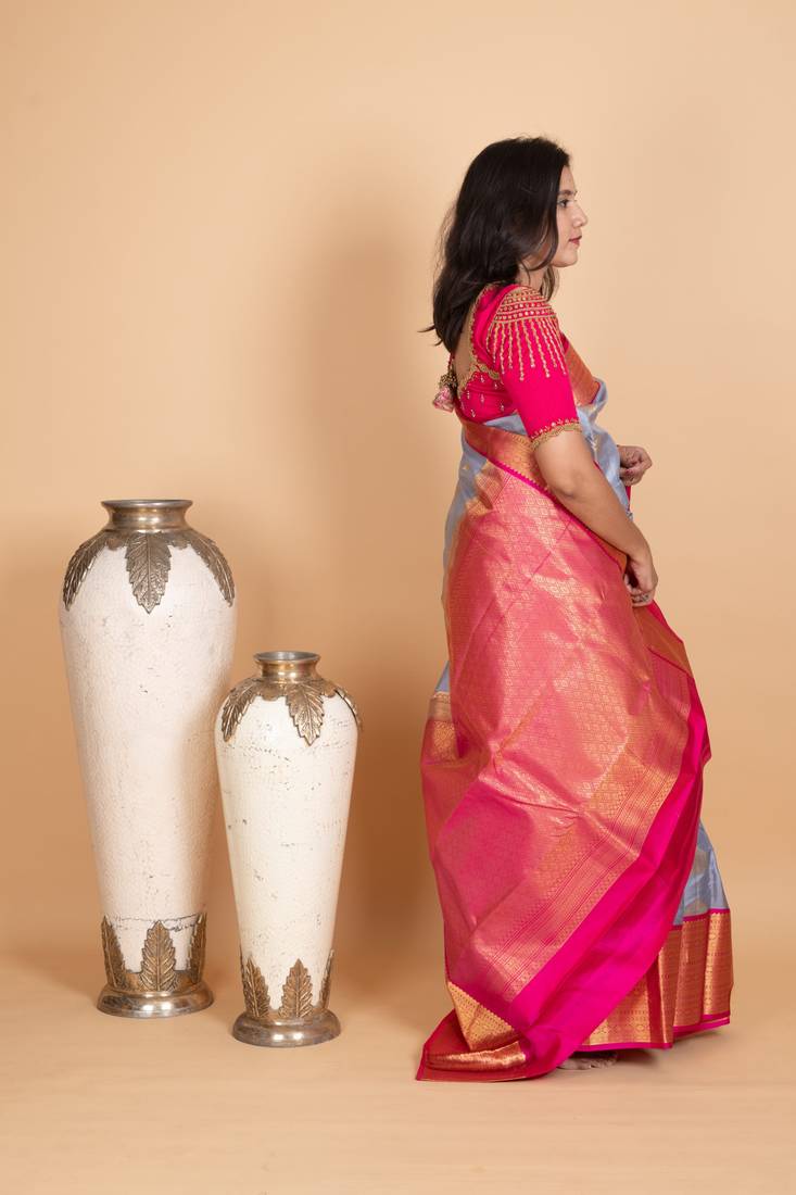 Coin grey and rani pink kanjivaram pattu saree