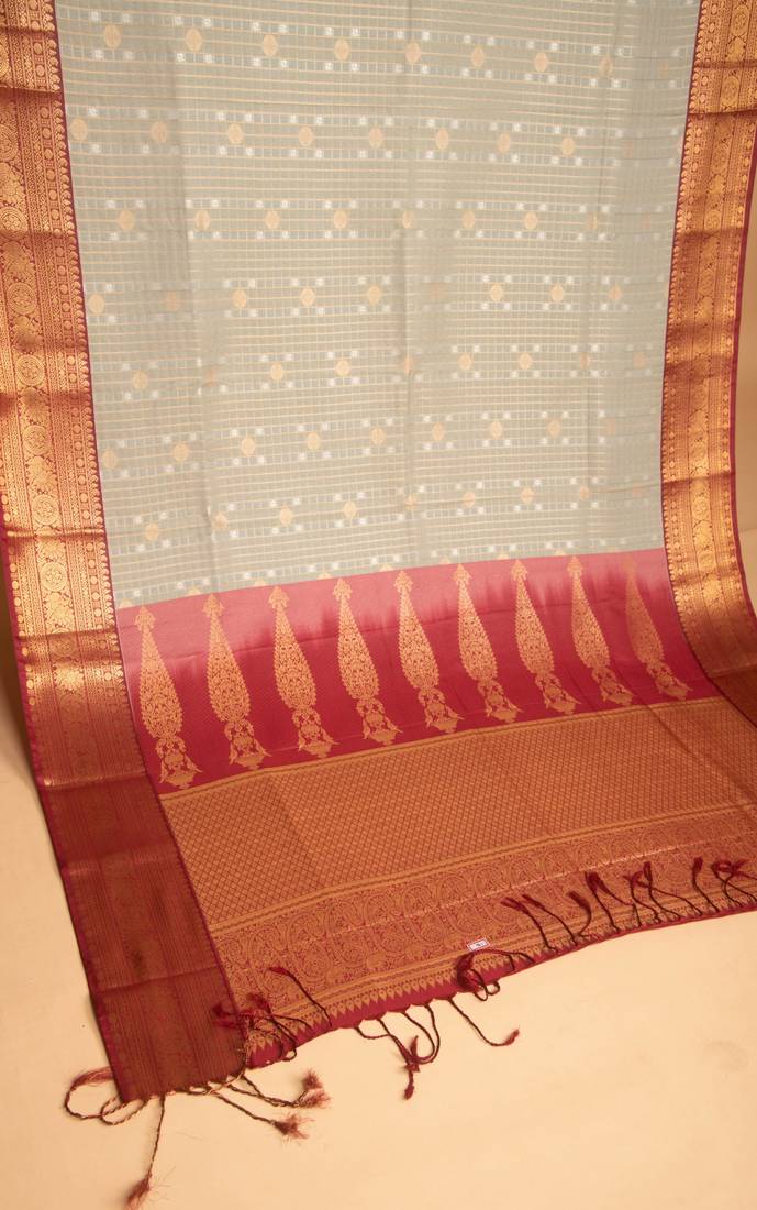Grey green and blood red kanchi soft silk saree