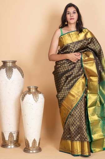 Navy blue and emerald green pure kanjivaram silk saree