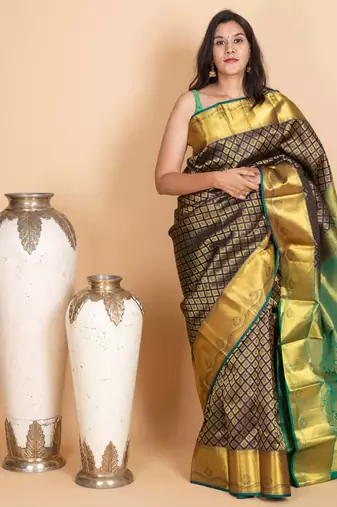Navy blue and emerald green pure kanjivaram silk saree