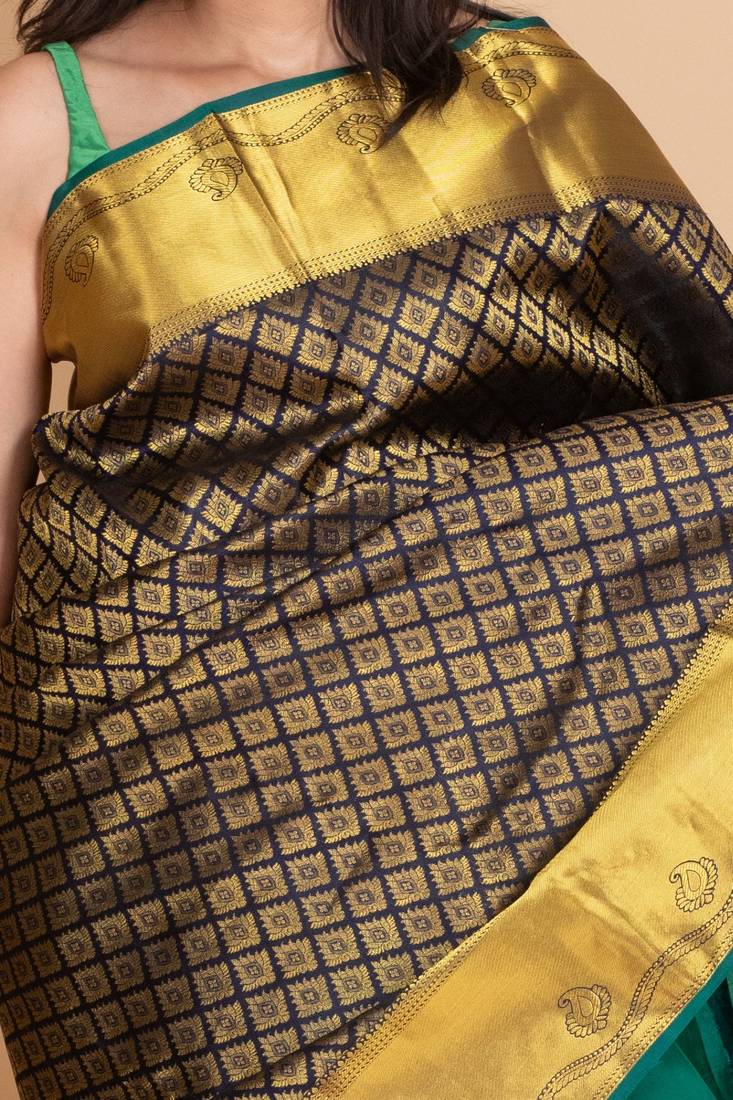 Navy blue and emerald green pure kanjivaram silk saree
