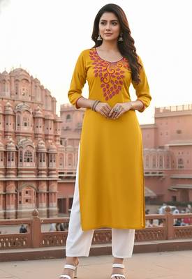 Yellow embroidered rayon kurta set 1