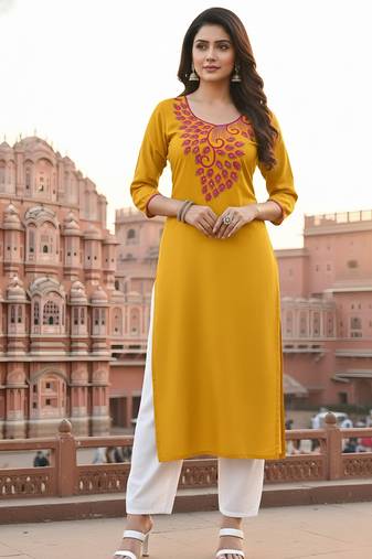 Yellow embroidered rayon kurta set