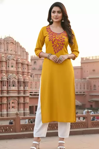 Yellow embroidered rayon kurta set