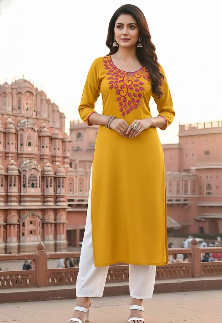 Yellow embroidered rayon kurta set