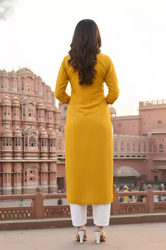 Yellow embroidered rayon kurta set