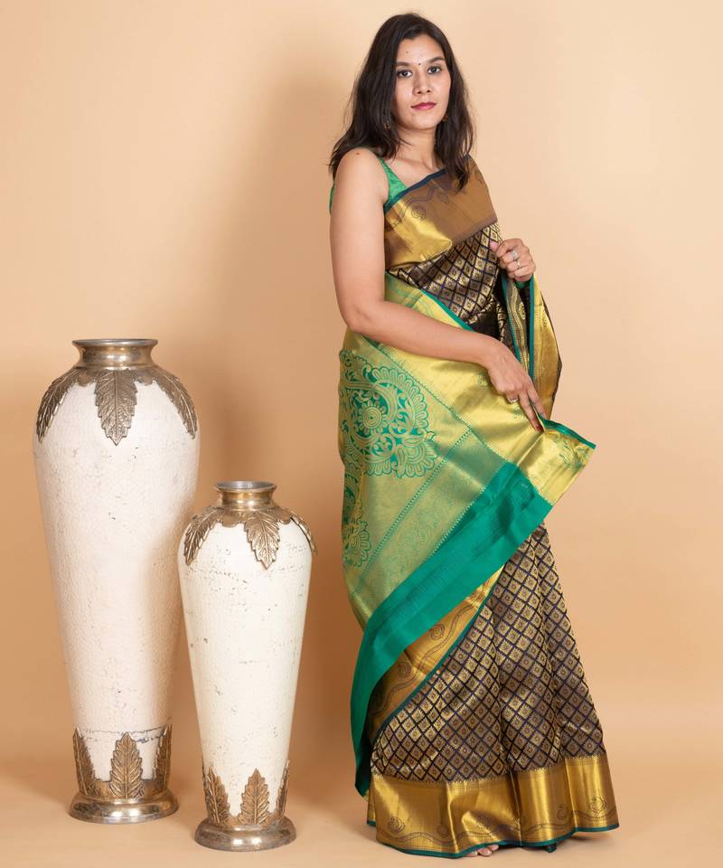 Navy blue and emerald green pure kanjivaram silk saree