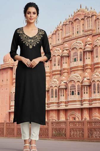 Black embroidered rayon kurta set