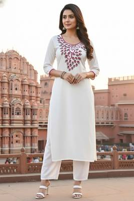 White embroidered rayon kurta set 1