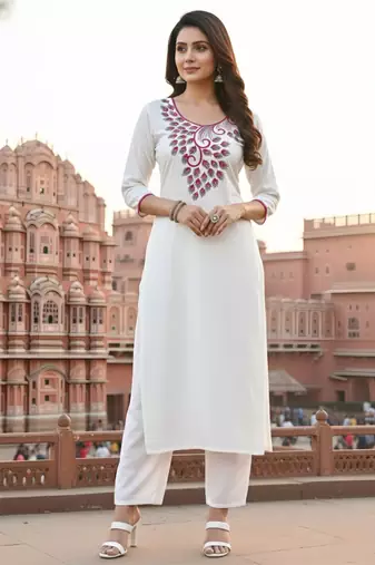 White embroidered rayon kurta set