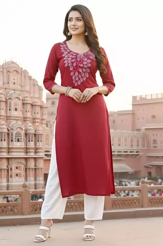 Red embroidered rayon kurta set