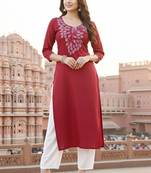 Red embroidered rayon kurta set