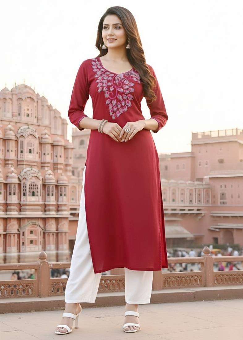 Red embroidered rayon kurta set