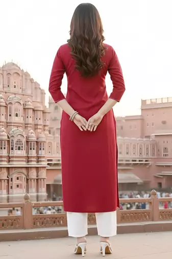 Red embroidered rayon kurta set