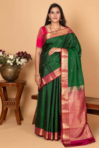 Bottle green and magenta pure kanjivaram silk saree
