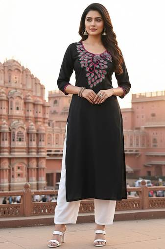 Black embroidered rayon kurta set